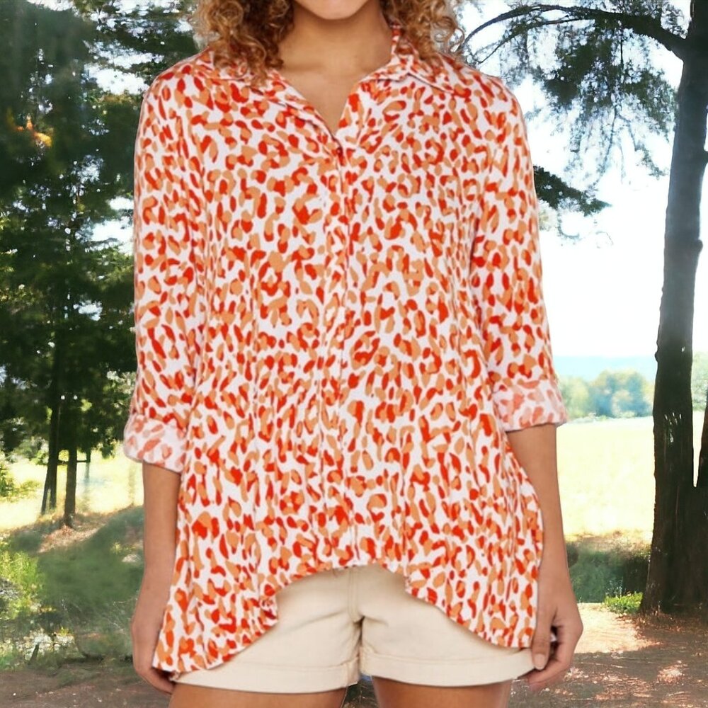 NWOT APRICOT ( 8 ) "CHEETAH" Hi-Low Button Up L/S Roll Tab Oversized Shirt